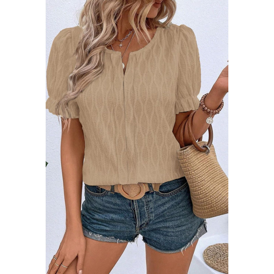 Texture Notched Short Sleeve Blouse Apparel and Accessories