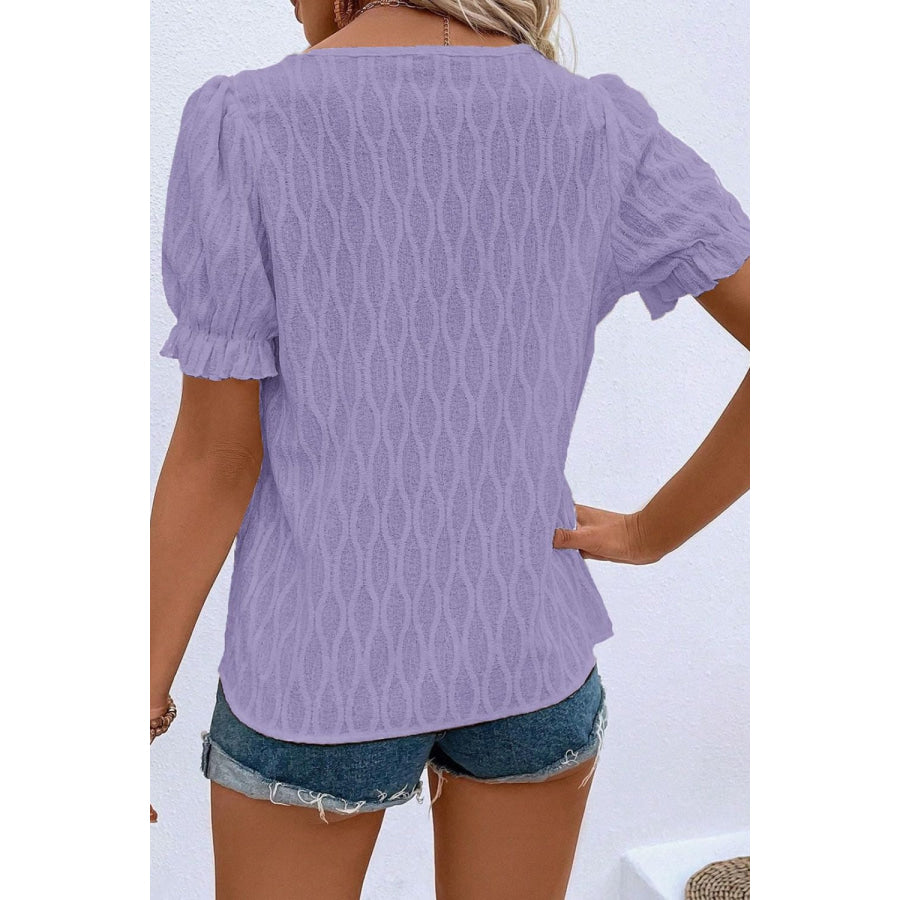 Texture Notched Short Sleeve Blouse Apparel and Accessories