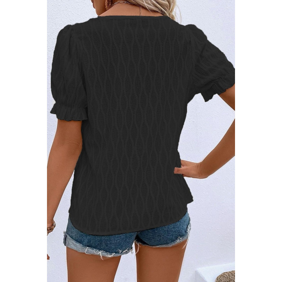 Texture Notched Short Sleeve Blouse Apparel and Accessories