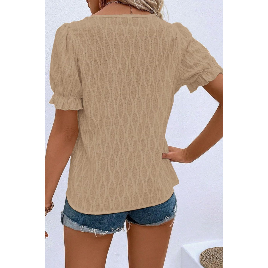 Texture Notched Short Sleeve Blouse Apparel and Accessories
