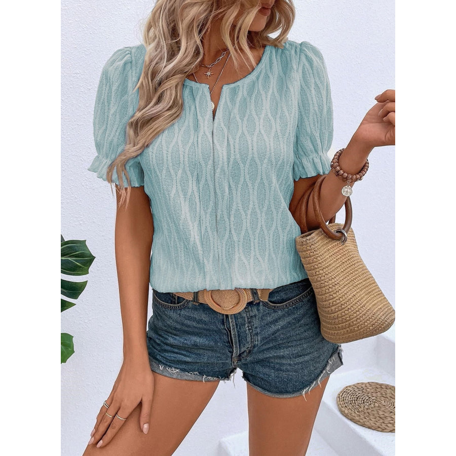 Texture Notched Short Sleeve Blouse Apparel and Accessories