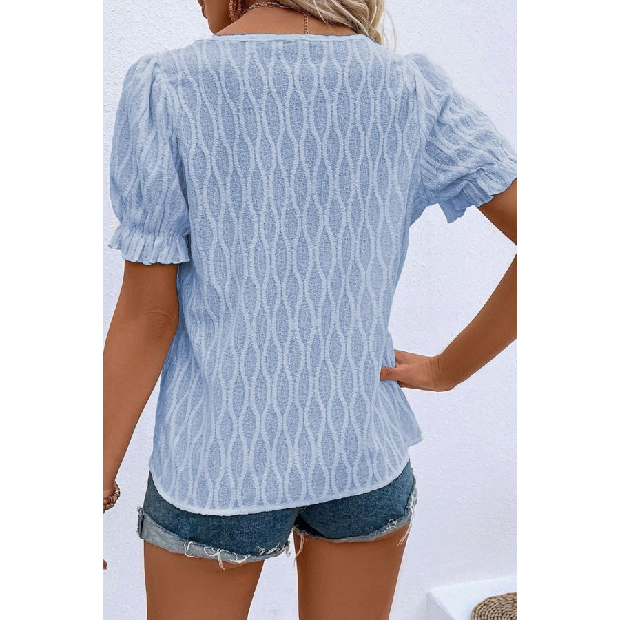Texture Notched Short Sleeve Blouse Apparel and Accessories
