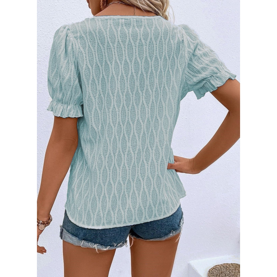 Texture Notched Short Sleeve Blouse Apparel and Accessories