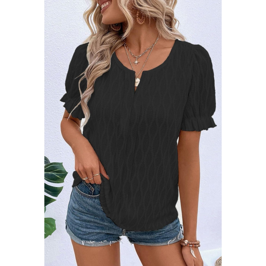 Texture Notched Short Sleeve Blouse Black / S Apparel and Accessories