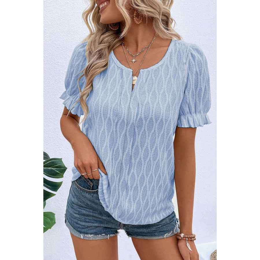 Texture Notched Short Sleeve Blouse Cerulean / S Apparel and Accessories