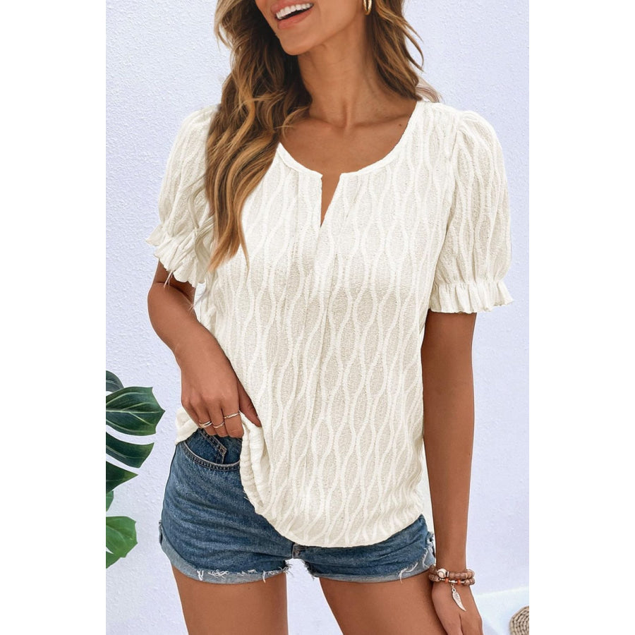 Texture Notched Short Sleeve Blouse Cream / S Apparel and Accessories