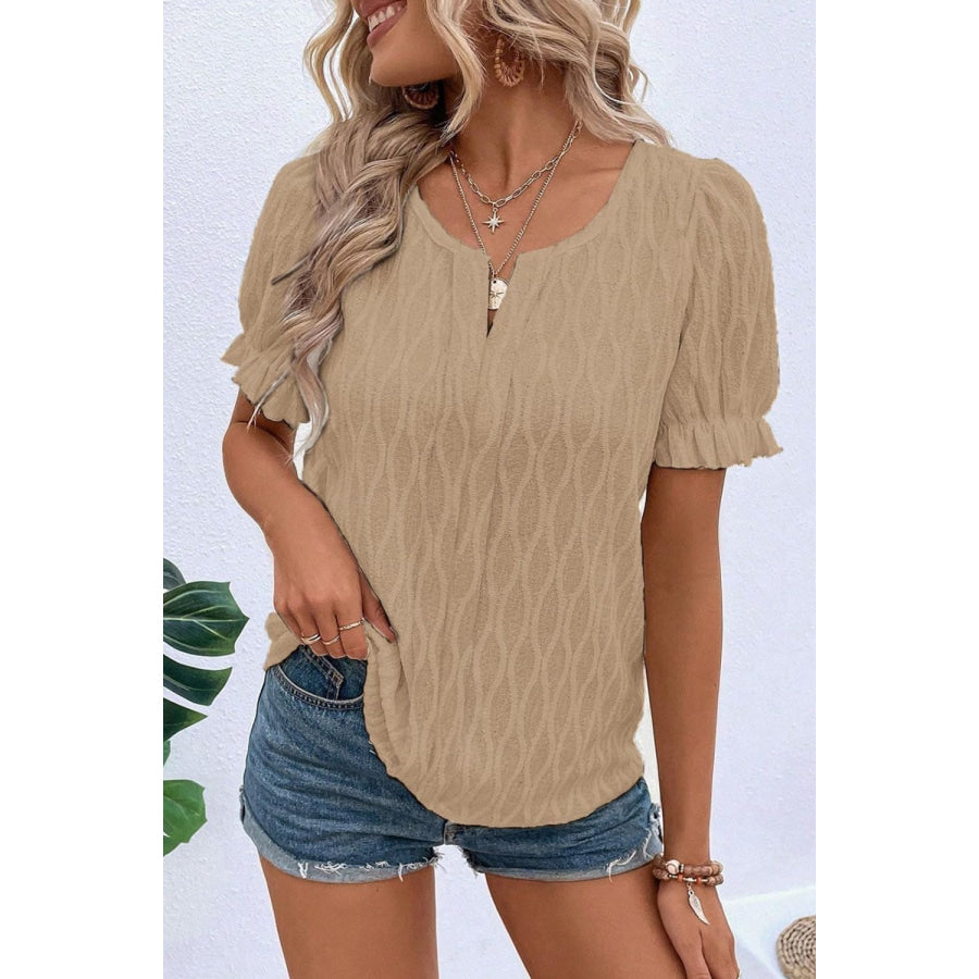 Texture Notched Short Sleeve Blouse Khaki / S Apparel and Accessories