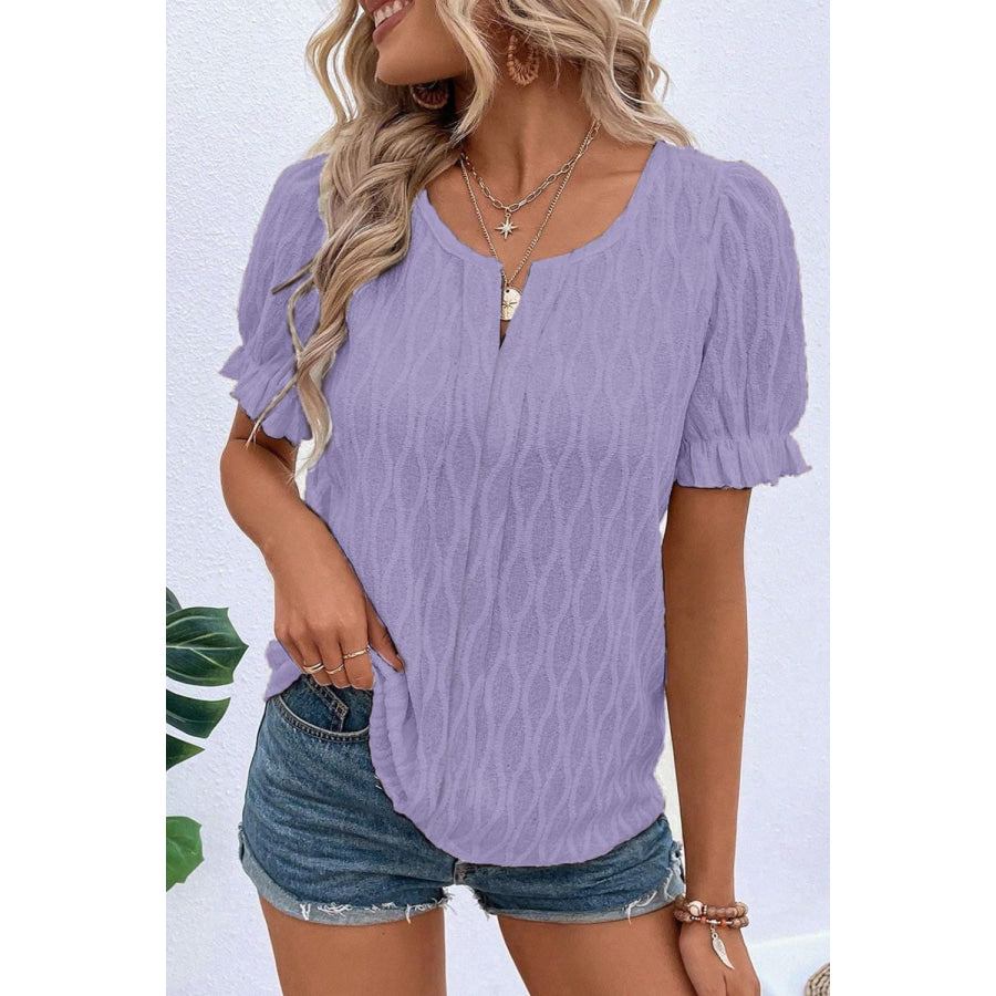 Texture Notched Short Sleeve Blouse Lavender / S Apparel and Accessories