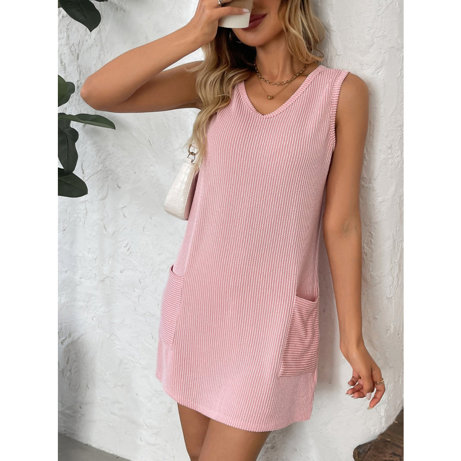 Texture Pocketed V-Neck Tank Dress Blush Pink / S Apparel and Accessories