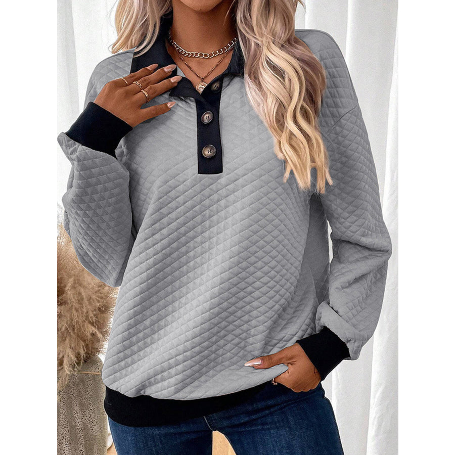 Texture Quarter Button Long Sleeve Sweatshirt Apparel and Accessories