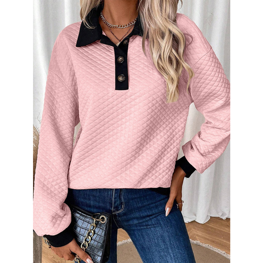 Texture Quarter Button Long Sleeve Sweatshirt Apparel and Accessories