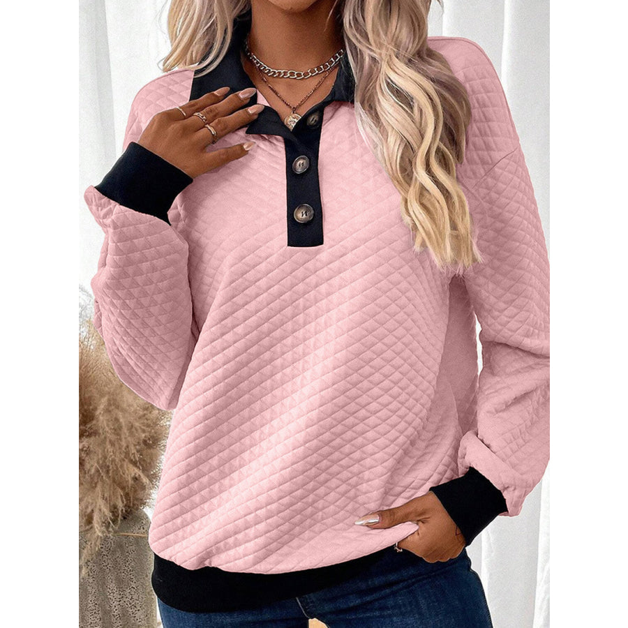 Texture Quarter Button Long Sleeve Sweatshirt Blush Pink / S Apparel and Accessories