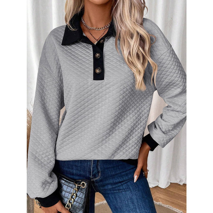 Texture Quarter Button Long Sleeve Sweatshirt Gray / S Apparel and Accessories