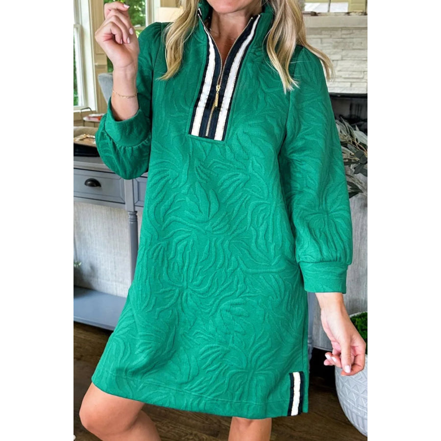 Texture Quarter Zip Long Sleeve Mini Dress Dark Green / S Apparel and Accessories