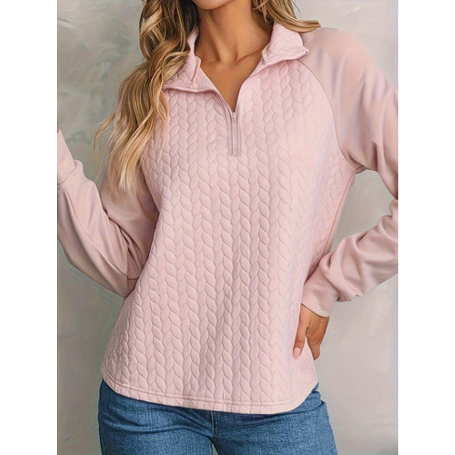 Texture Quarter Zip Long Sleeve Sweatshirt Blush Pink / S Apparel and Accessories