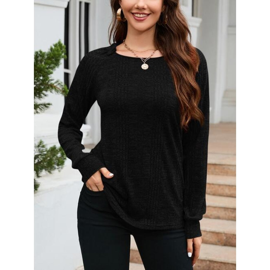 Texture Round Neck Long Sleeve Knit Top Black / S