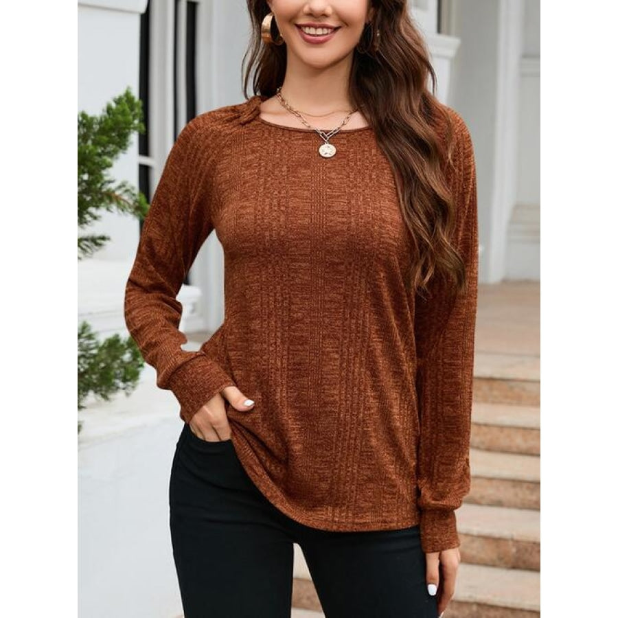 Texture Round Neck Long Sleeve Knit Top Chestnut / S