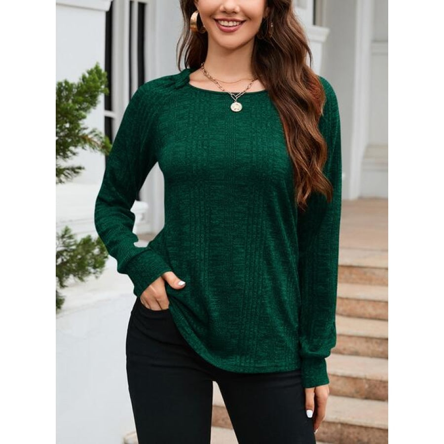 Texture Round Neck Long Sleeve Knit Top Green / S