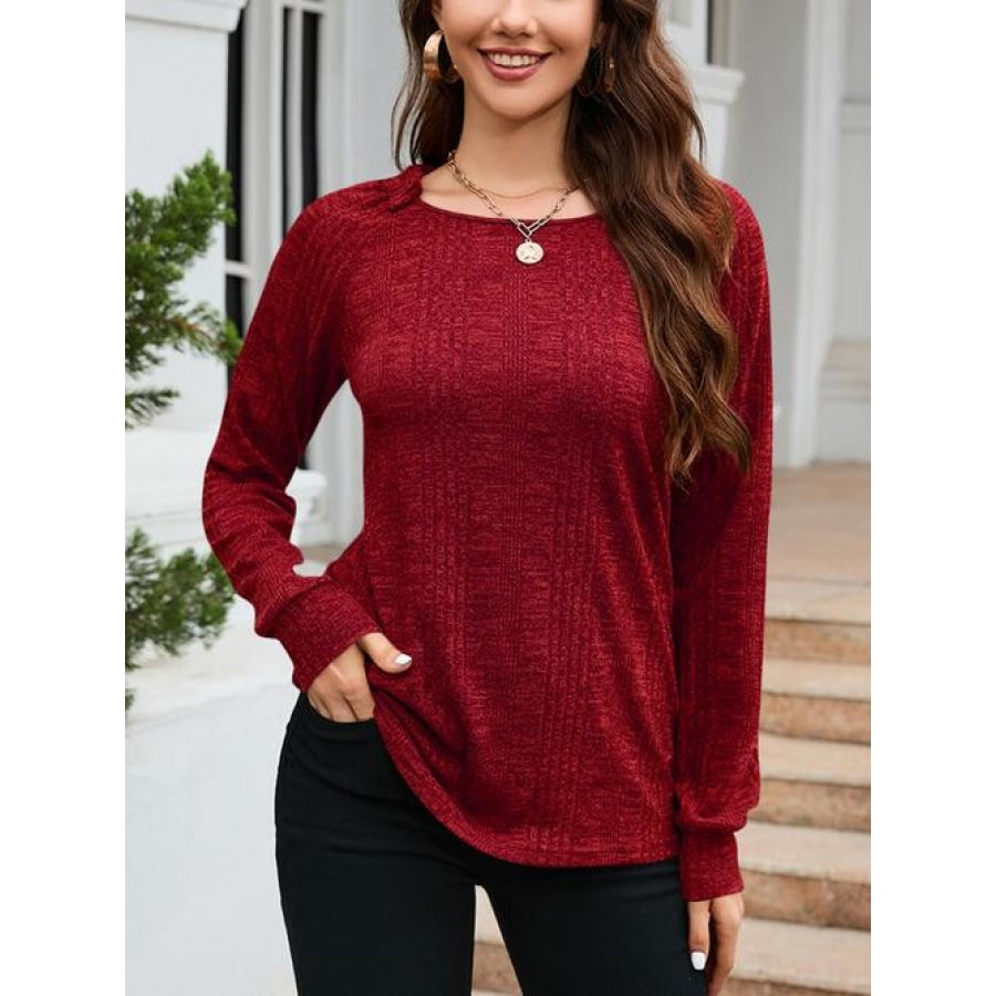 Texture Round Neck Long Sleeve Knit Top