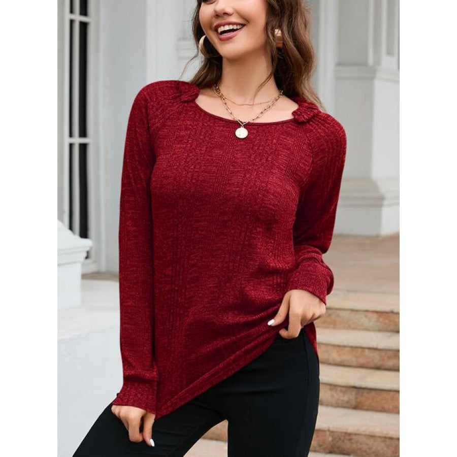 Texture Round Neck Long Sleeve Knit Top Wine / S