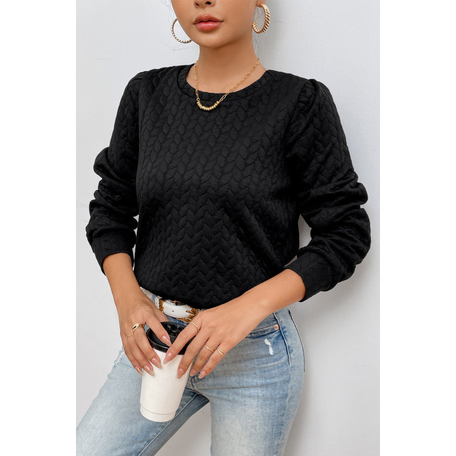 Texture Round Neck Long Sleeve Sweatshirt Black / S Apparel and Accessories