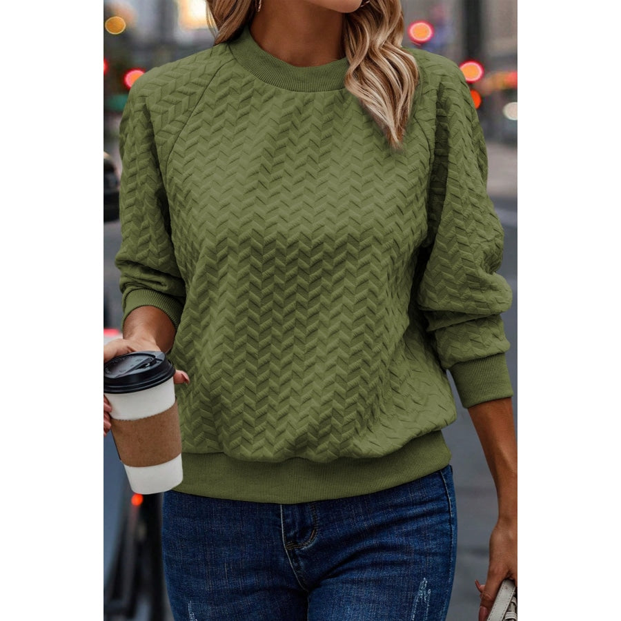 Texture Round Neck Long Sleeve Sweatshirt Army Green / M