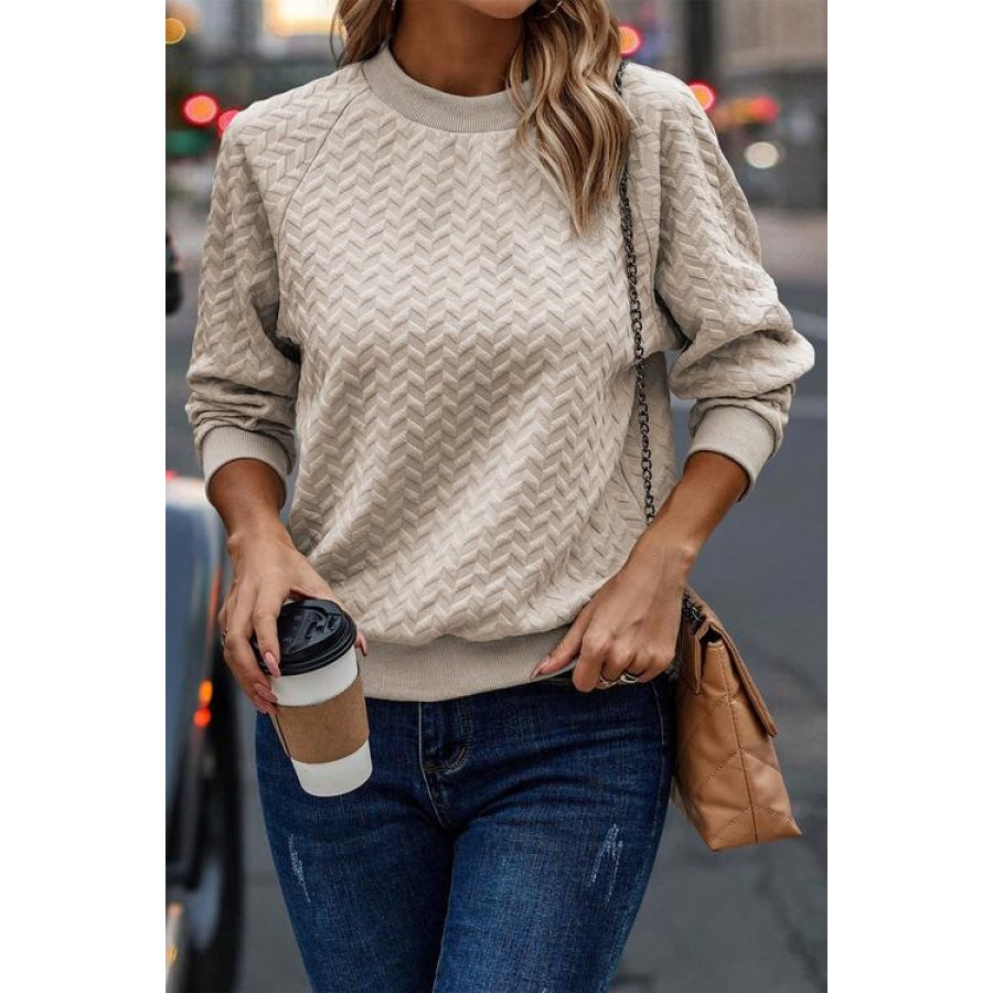 Texture Round Neck Long Sleeve Sweatshirt Beige / S