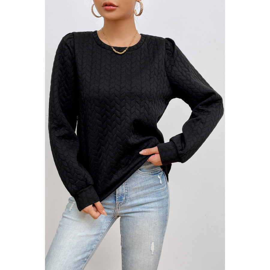 Texture Round Neck Long Sleeve Sweatshirt Black / S Apparel and Accessories