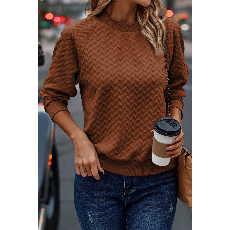 Texture Round Neck Long Sleeve Sweatshirt Chestnut / M