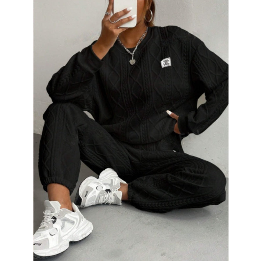 Texture Round Neck Long Sleeve Top and Pants Set Apparel and Accessories