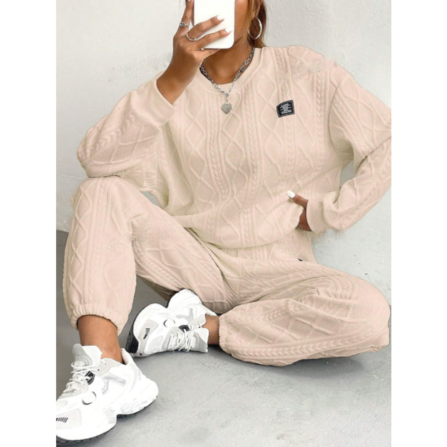 Texture Round Neck Long Sleeve Top and Pants Set Apparel and Accessories