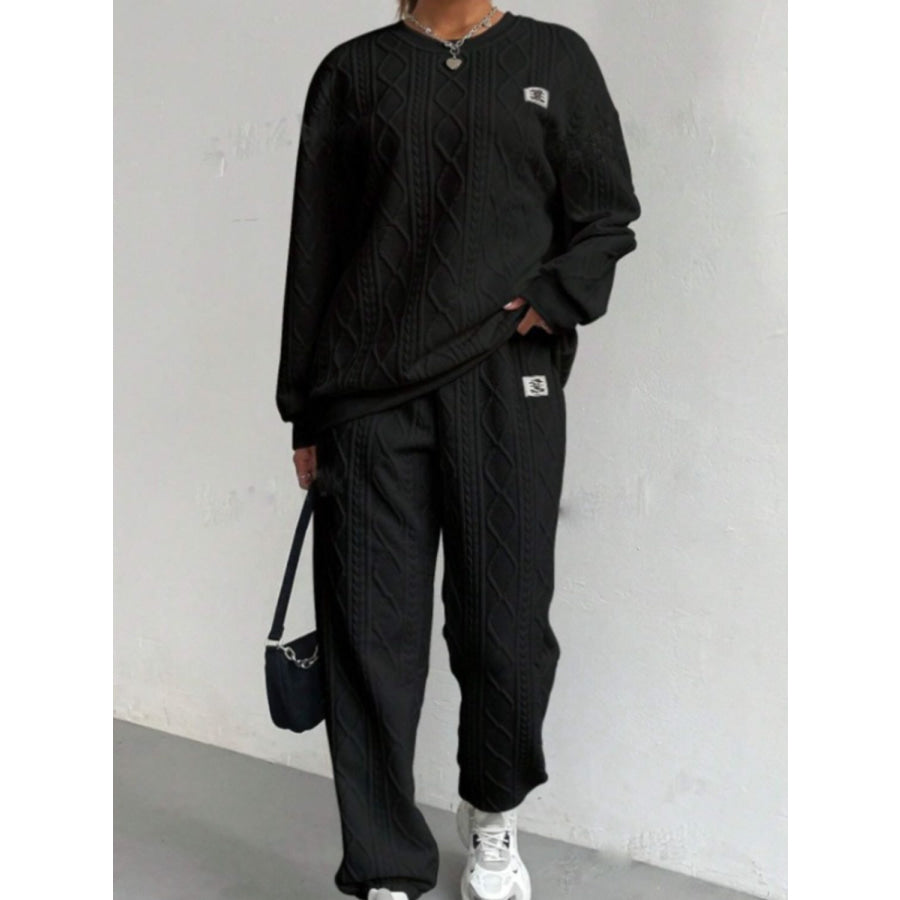 Texture Round Neck Long Sleeve Top and Pants Set Black / S Apparel and Accessories