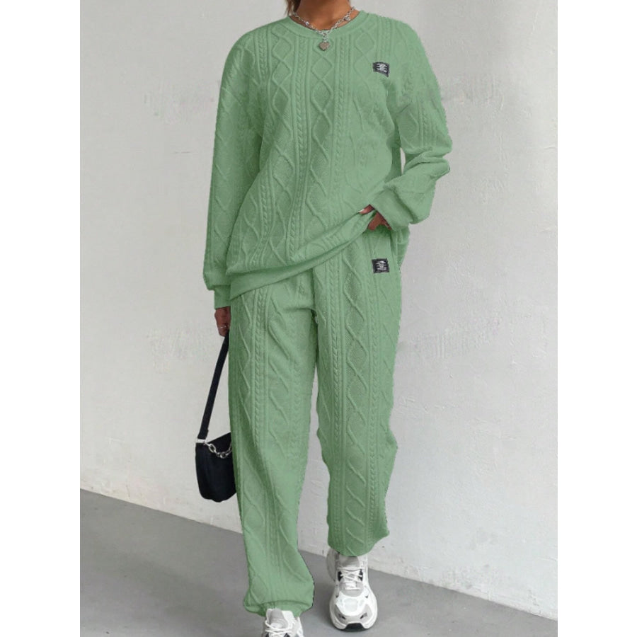 Texture Round Neck Long Sleeve Top and Pants Set Gum Leaf / S Apparel and Accessories