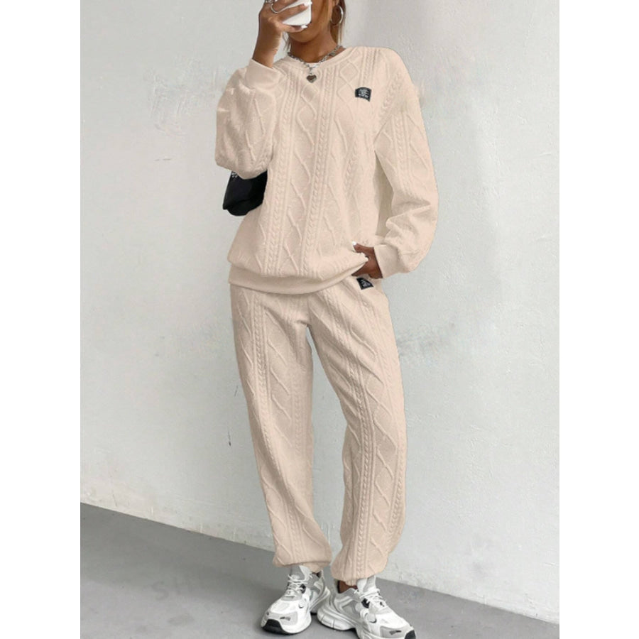 Texture Round Neck Long Sleeve Top and Pants Set Tan / S Apparel and Accessories