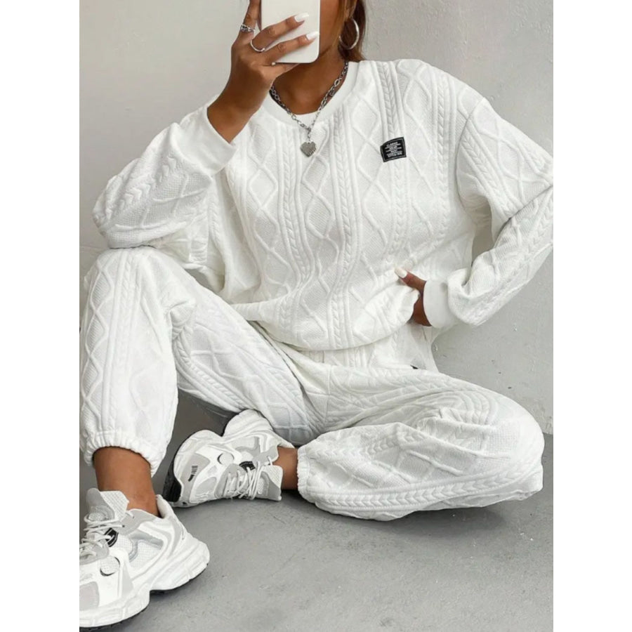 Texture Round Neck Long Sleeve Top and Pants Set White / S Apparel and Accessories