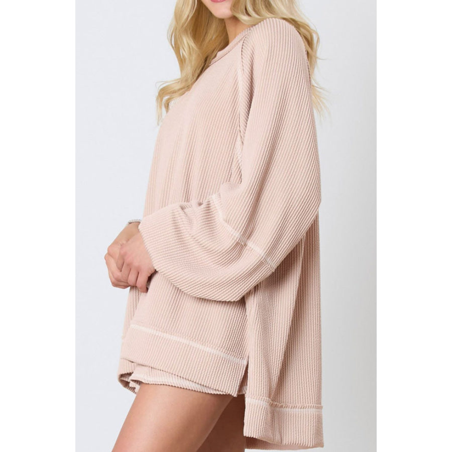 Texture Round Neck Long Sleeve Top and Skirt Set Apricot / S Apparel and Accessories