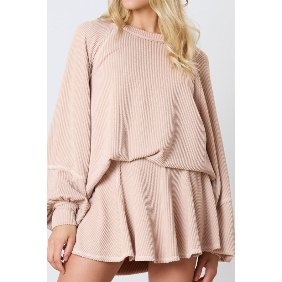 Texture Round Neck Long Sleeve Top and Skirt Set Apricot / S Apparel and Accessories