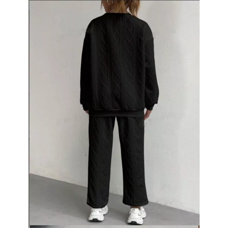 Texture Round Neck Top and Pants Set Apparel and Accessories