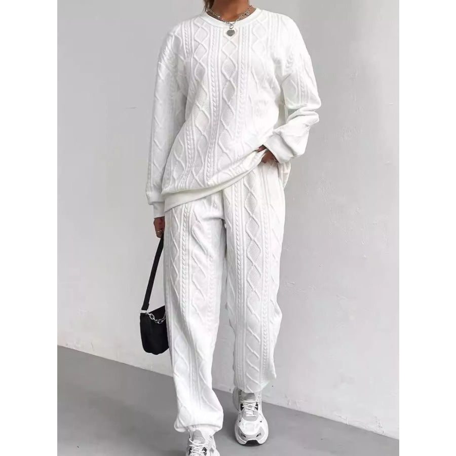 Texture Round Neck Top and Pants Set Apparel and Accessories