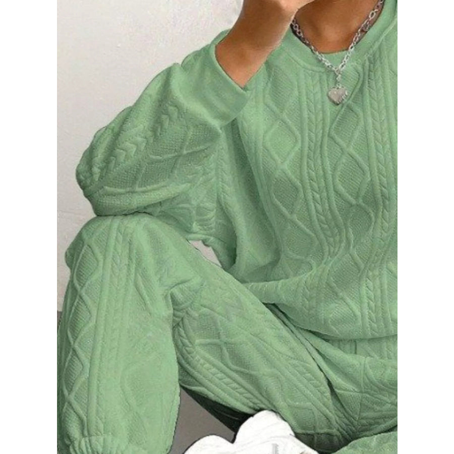 Texture Round Neck Top and Pants Set Apparel and Accessories