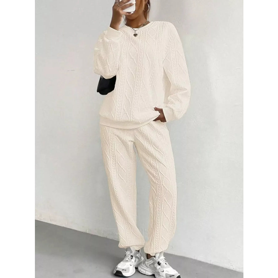 Texture Round Neck Top and Pants Set Apparel and Accessories