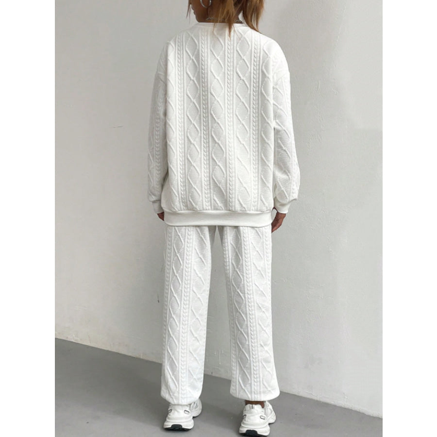 Texture Round Neck Top and Pants Set White / S Apparel and Accessories