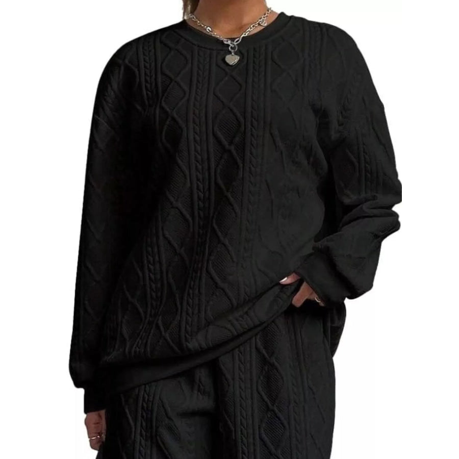 Texture Round Neck Top and Pants Set Apparel and Accessories