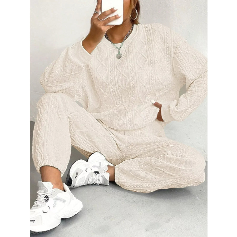 Texture Round Neck Top and Pants Set Beige / XS Apparel and Accessories