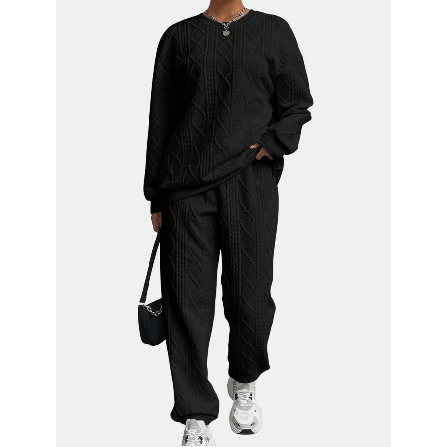 Texture Round Neck Top and Pants Set Black / S Apparel and Accessories