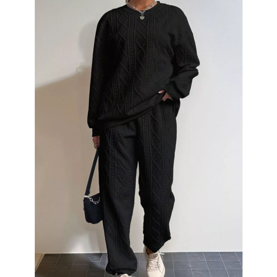 Texture Round Neck Top and Pants Set Black / XS Apparel and Accessories