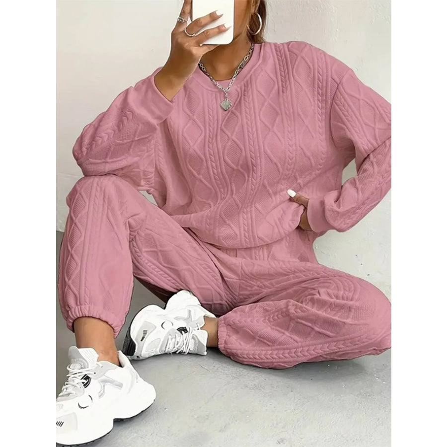 Texture Round Neck Top and Pants Set Pink / XS Apparel and Accessories