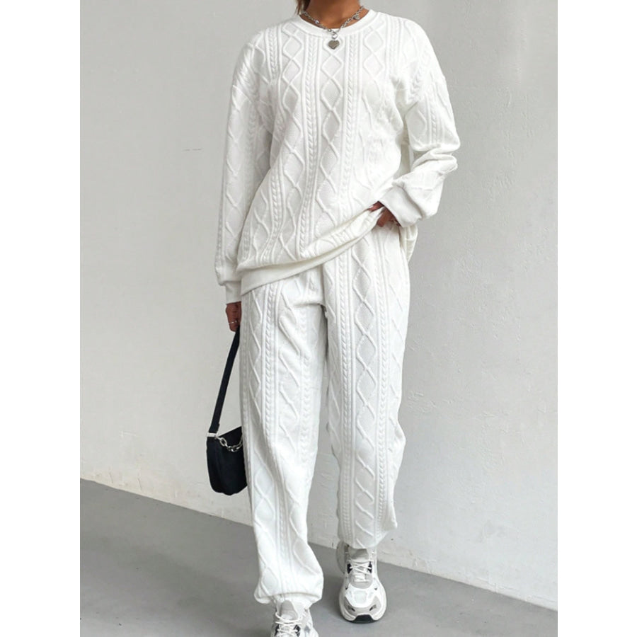 Texture Round Neck Top and Pants Set White / S Apparel and Accessories