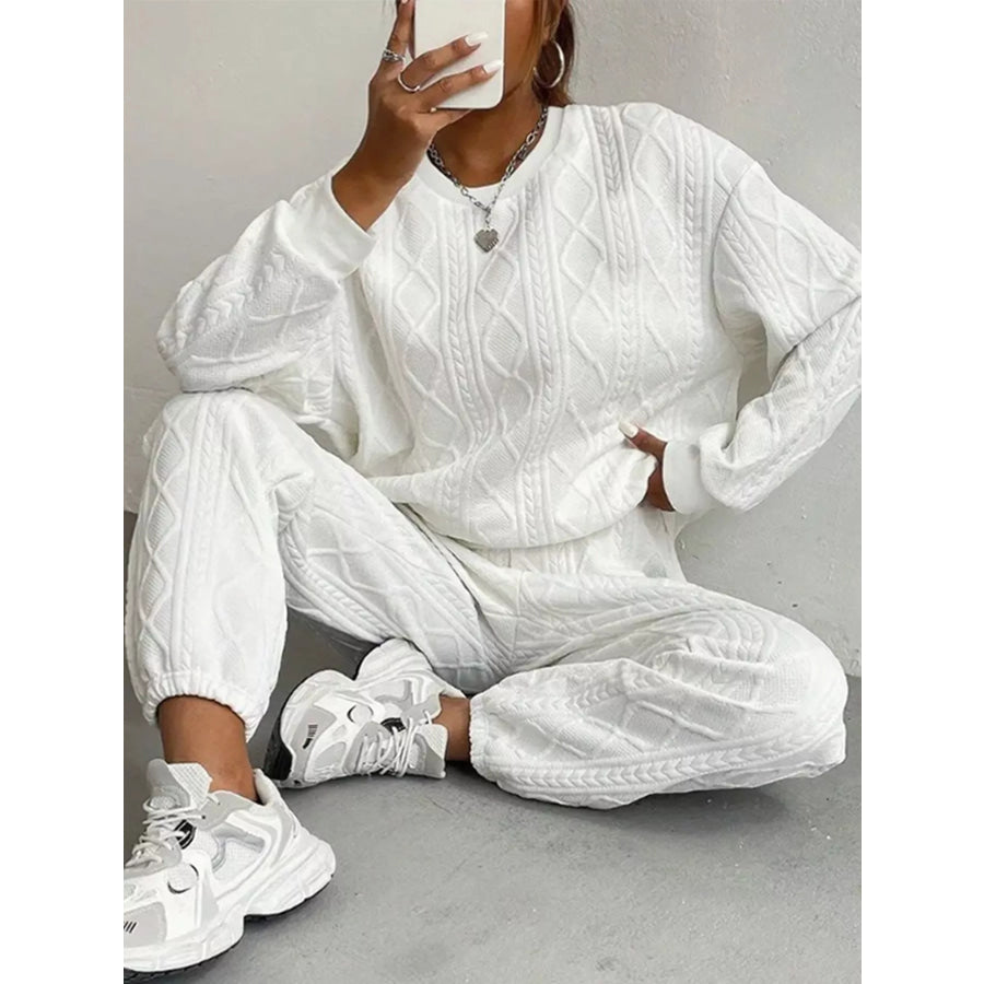 Texture Round Neck Top and Pants Set White / XS Apparel and Accessories