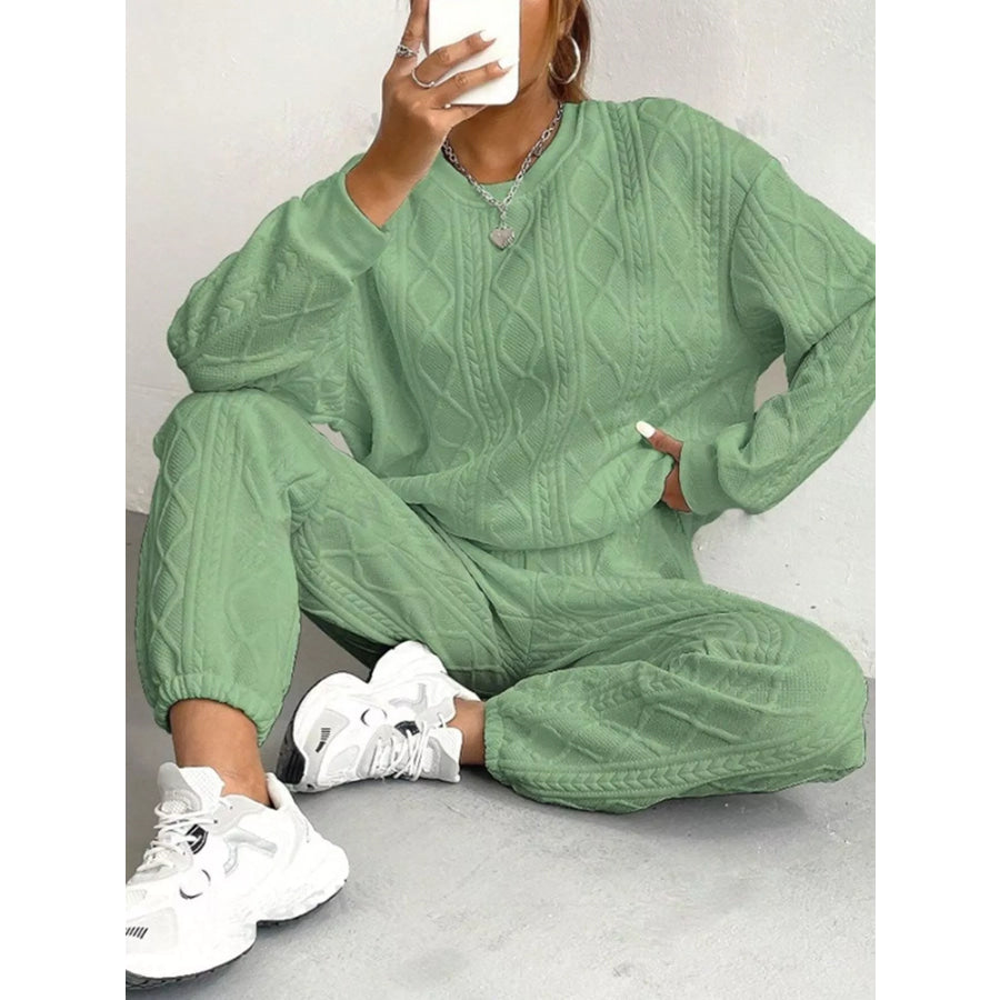 Texture Round Neck Top and Pants Set Yellow-green / XS Apparel and Accessories